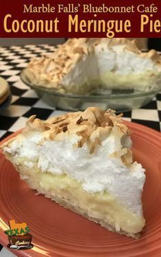 a piece of coconut meringue pie on an orange plate