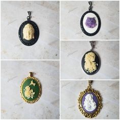 These beautiful cameo pendants are set in silver, gold, or black metal settings and feature a variety of different cameo styles and colors. These cameo pendants are stylish and always in style. They're timeless. They go well with both casual and dressier outfits. There all have 40x30mm resin cameo cabochons. The settings themselves are slightly larger and are silver-toned metal alloy. Available in this listing are: Black bezel frame. Ivory Buddha head on a black background. Very high relief. Bla Cameo Medallion Jewelry For Gifts, Cameo Medallion Jewelry Gift, Cameo Oval Pendant Necklace For Gift, Black Cameo Medallion Jewelry, Black Cameo Jewelry For Collectors, Collectible Black Cameo Jewelry, Black Cameo Necklace Gift, Black Cameo Necklace As A Gift, Handmade Victorian Jewelry With Oval Pendant