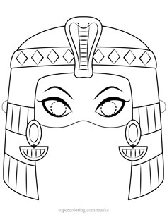 an egyptian mask with large eyes and headdress on the face is outlined in black and