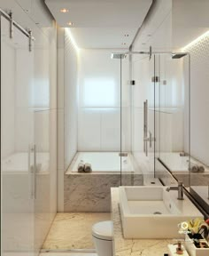 a bathroom with two sinks, a toilet and a bathtub in the middle of it