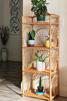 a bamboo shelf with potted plants on it in the corner of a living room