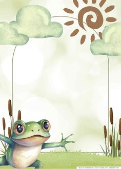 a frog is sitting in the grass and looking up at a sun with clouds above it