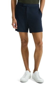 Cut from stretch-enhanced fabric, these shorts made with soft viscose feature a flat front and chino styling that keeps you looking smart at any occasion. 6" inseam; 23" leg opening; 10 3/4" front rise; 15 1/2" back rise Front slant pockets; back welt pockets 64% viscose, 30% nylon, 6% elastane Machine wash, dry flat Imported Stretch Bottoms For Business Casual In Summer, Fitted Knee-length Shorts For Business Casual, Stretch Bottoms For Business Casual Summer Wear, Summer Bermuda Shorts With Built-in Shorts, 5-inch Inseam, Summer Business Casual Elastane Bottoms, Fitted Bermuda Business Casual Shorts, Cotton Swim Trunks Short Length, 4-way Stretch Shorts, High-waisted Elastane Shorts With 4-way Stretch