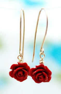 This listing is for one pair (two earrings) Please choose material: ★100% 14K GOLD FILLED ★  ★100% SILVER STERLING★  Red wine color roses earrings. Earrings diameter: 3 cm Each piece is individually hand crafted by me, so there might be slight variations in shape and texture then the one shown in the photos. WHAT IS GOLD FILLED? Gold fill comprises of a thick layer of 14 karat gold bonded to a base metal. It is of much higher quality and gold content than gold plated (50,000 to 100,000 times thicker) and is designed to last as long as solid gold. Gold filled wire is a non tarnish material, can be wet and won't cause an allergic reaction. It does not flake off, rub off or turn colors, As a matter of fact, anyone who can wear gold can wear gold filled without worries of any allergic reaction Delicate Rose Earrings For Gift, Rose Gold 14k Gold-filled Earrings Gift, Rose Gold 14k Gold Filled Earrings For Anniversary, Rose Gold 14k Gold-filled Earrings For Anniversary, 14k Gold Filled Rose Gold Earrings For Anniversary, Dainty 14k Rose Gold-filled Earrings, Handmade Rose Gold 14k Gold-filled Earrings, Handmade 14k Rose Gold-filled Earrings, Dainty Rose Gold Earrings For Bridesmaids