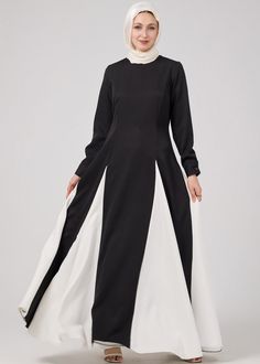 Monochrome Grace Maxi Dress front view Elegant Black Dress With Modesty Panel, Modern Black Maxi Dress For Work, Modest Black Maxi Dress For Formal Occasions, Black Dress With Contrast Color For Work, White Elegance, Color Block Design, Abaya Dress, Black And White Color, Block Design