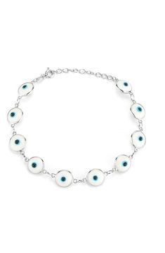 This on-trend evil eye bracelet is crafted from timeless sterling silver that's sure to add the perfect finishing touch to your ensemble. 6" length with 1" extension Spring ring clasp Sterling silver or sterling silver with 14K yellow gold plating/enamel Imported Adjustable White Sterling Silver Bracelet, Silver Enamel Jewelry With Adjustable Chain, Adjustable Round Enamel Bracelets, Enamel Bracelet Jewelry With Lobster Clasp, Enamel Bracelet With Lobster Clasp, White Gold Sterling Silver Evil Eye Jewelry, White Chain Bracelet With Adjustable Chain, White Round Chain Bracelet With Adjustable Chain, White Gold Evil Eye Round Jewelry