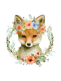 a watercolor painting of a fox with flowers on its head