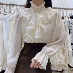 Chiffon Blouses, Straight Clothes, Shirt Blouses Women's, Cooler Look, Ruffle Long Sleeve, Elegant Blouses, Ruffle Shirt, Chiffon Long Sleeve, Basic Shirts