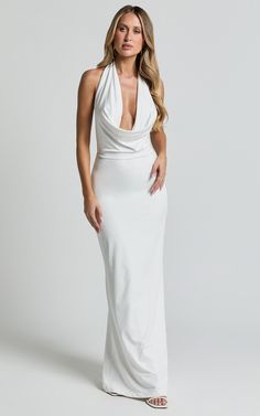 Sylvana Maxi Dress - Cowl Halter Neck Bodycon Dress in White Luxury White Halter Neck Maxi Dress, Affordable White Sleeveless Elegant Dress, Luxury White Maxi Dress For Night Out, Luxury White Halter Maxi Dress, Luxury White Halter Neck Dress, Luxury White Satin Maxi Dress, Luxury White Fitted Maxi Dress, Luxury White Elegant Maxi Dress, Luxury Fitted Halter Neck Bodycon Dress