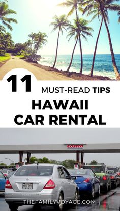 cars parked on the beach with palm trees in the background and text that reads 11 must - read tips hawaii car rental