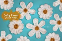 crocheted flowers with the words flower at pattern written below them on a blue background