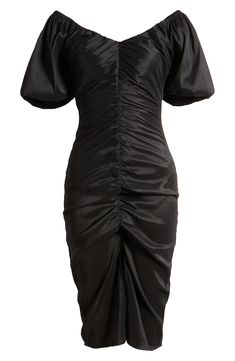 This little black dress takes your date-night style up a notch with its smooth satin composition and textured ruching up the front. 43" length (size Medium) V-neck Short sleeves Smocked back Lined 66% polyester, 30% nylon, 4% spandex Machine wash, line dry Imported Evening Mini Dress With Ruched Sides, Formal Ruched Sheath Mini Dress, Fitted Mini Dress With Folds For Night Out, Black Formal Dress With Ruched Sides, Ruched Sheath Mini Dress For Evening, Evening Knee-length Mini Dress With Ruched Back, Black Midi Dress With Ruched Back For Formal Occasions, Satin Ruched Midi Dress For Date Night, Ruched Satin Midi Dress For Date Night