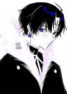 an anime character with dark hair and blue eyes wearing a black coat, white collared shirt and tie