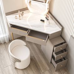 a vanity with drawers and a stool in the corner next to it on a wooden floor