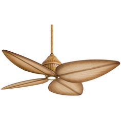 a ceiling fan with wooden blades on the top and one light fixture attached to it