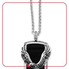 in stock Black Metal Necklace With Polished Finish, Black Metal Dog Tag Necklace, Black Engraved Rectangular Pendant Necklaces, Black Engraved Rectangular Pendant Necklace, Black Engraved Rectangular Pendant Jewelry, Black Engraved Dog Tag Necklace, Black Dog Tag Engraved Necklaces, Engraved Black Dog Tag Necklace, Eagle Pendant