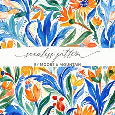 a colorful floral pattern with the words seamfittern by moore and mountain on it