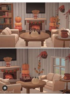 the living room is decorated with pumpkins and flowers