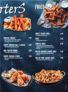 the menu for an eater's restaurant with different types of fries and chicken wings