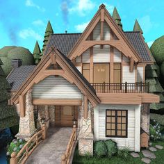 this is an artist's rendering of a house in the woods with stone and wood accents