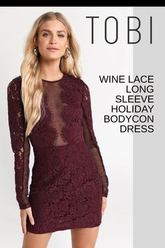 Look gorgeous in this wine lace long sleeve holiday bodycon dress. Can you imagine getting dress up cocktail party gowns for Christmas and New Year's Eve outfits on sale? Now's your chance to save. Why pay more when you can get sparkly winter festivity clothing and beautiful formal attire for ladies at affordable prices from TOBI. #shoptobi #holidaydresses #bodycondresses Long Sleeve Bodycon Lace Dress For Party, Bodycon Long Sleeve Lace Dress For Party, Long Sleeve Lace Trim Bodycon Party Dress, Long Sleeve Bodycon Lace Dress, Long Sleeve Lace Trim Bodycon Dress, Long Sleeve Lace Trim Bodycon Dress For Night Out, Sheer Long Sleeve Lace Dress For Night Out, Sheer Long Sleeve Lace Dress For Date Night, Long Sleeve Sheer Lace Dress For Date Night