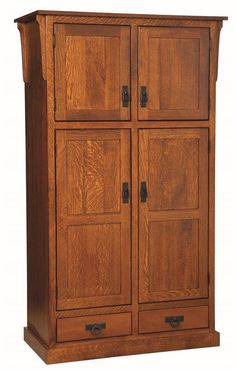 a wooden armoire with two doors and drawers