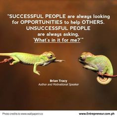 two chamelons are sitting on top of each other and one is saying, successful people are always looking for opportunities to help others