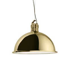 a large brass pendant light with a black shade on the bottom and an open end