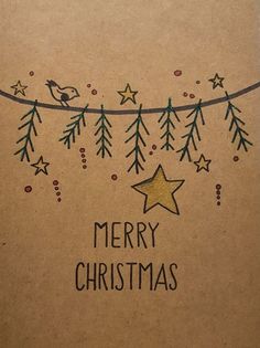 a merry christmas card with pine trees and stars on the bottom, hanging from a string