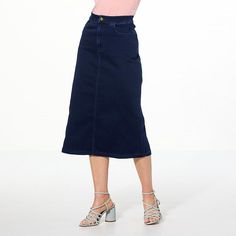 IMAN Global Chic Denim Midi Skirt   We took everything you love about your favorite pair of jeans and put them into this easy-to-style denim twill midi skirt. A timeless classic, this A-line designed garment provides a flattering fit while boosting your confidence. Dark Wash Denim Skirt For Workwear In Spring, Spring Workwear Dark Wash Denim Skirt, Dark Wash Denim Skirt For Workwear And Spring, Classic Blue Mid-rise Denim Skirt, Dark Wash Relaxed Midi Denim Skirt, Dark Wash Relaxed Denim Midi Skirt, Chic Dark Wash Midi Denim Skirt, Relaxed Dark Wash Denim Midi Skirt, Classic Mid-rise Denim Skirt For Spring