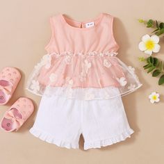 Toddler Girl Sleeveless Mesh Stitching Top & Solid Color Shorts - PrettyKid Wholesale Suppliers, Color Shorts, Dress Plus Size, Care Label, Girly Outfits, Solid Tops, Beach Jewelry, Fabric Cotton, Cotton Spandex