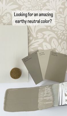 some paint samples are sitting on a table with the words looking for an amazing earthy neutral color?