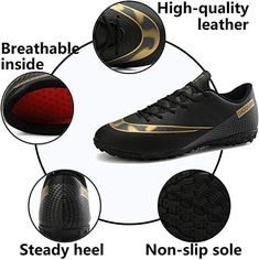 the different types of shoes that are available for men and women in black, gold and red