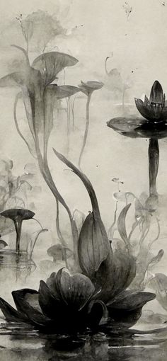 water lilies floating on top of a pond in the middle of a foggy day