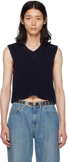 Heavyweight rib knit cotton vest. · V-neck · Cropped hem Supplier color: Navy chunky cotton rib Better Style, Cotton Vest, Our Legacy, Knit Cotton, Luxury Streetwear, Apparel Accessories, Rib Knit, Shirts Tops, Women Wear