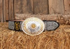 "Unique handcrafted western leather belt with horse shoe design stitching and centenario 50 pesos belt buckle -2 inch width leather belt - 3 1/2\" x 5 \" buckle" Traditional Adjustable Concho Belt, Western Concho Belt Buckles For Western-themed Events, Traditional Concho Belt Buckles For Western-themed Events, Western Concho Belt Buckles For Country Events, Traditional Adjustable Belt Buckle With Antique Detail, Western Embroidered Belt For Western-themed Events, Western Style Embroidered Belt, Southwestern Style Belt Buckle With Belt For Rodeo, Southwestern Belt Buckles With Belt For Rodeo