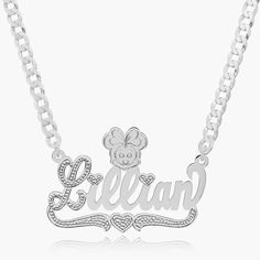 The child is 2 years old and is wearing a 14" inch, Figaro chain. Customizable with: Letters, Numbers & Roman Numerals. Chain width: Cuban Chain - 3.7 mmFigaro Chain - 3 mm Closure: All chains are fitted with a lobster clasp. Metal Selection: Gold Plated Silver Plated Sterling silver 14k gold plated over sterling silver 10k solid gold - (NAMEPLATE ONLY) 14k solid gold - (NAMEPLATE ONLY) Silver Curb Chain Jewelry For Birthday, Silver 14k Gold Chain Necklace As Gift, White Gold Name Necklace For Birthday, Personalized Silver Round Chain Necklace, Personalized Sterling Silver Chain Necklace For Anniversary, 14k Gold Silver Link Necklace, Silver 14k Gold Link Necklace, Silver Name Chain Necklace For Anniversary, Silver Personalized Chain Necklace For Anniversary