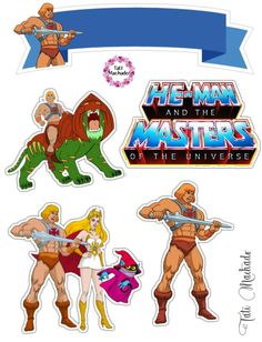 the he - man and the masters of the universe stickers are shown in three different styles