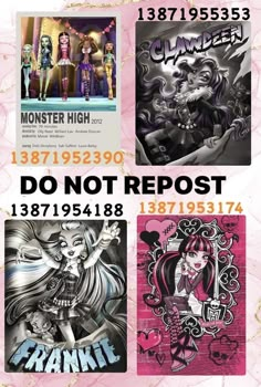 the poster for monster high is shown in three different colors and font styles, including pink