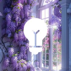 a light bulb surrounded by purple flowers in front of an open window with the number one on it