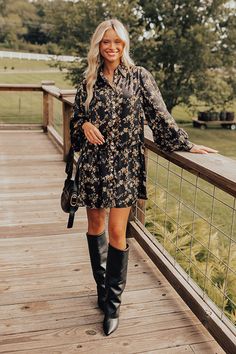 Chrysanthemum Whisper Button Down Mini Dress Fall Dress With Boots, September Style, September Fashion, Loose Sleeves, Green Hues, Knee High Leather Boots, Floral Mini Dress, Style Guide, Chrysanthemum