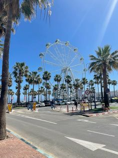 a ferris wheel sitting on the side of a road next to palm tree lined street