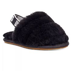 Elastic Strap For A Snug Fit. Black Cushioned Slippers For Winter, Black Fluffy Slippers For Winter, Black Plush Lined Winter Slippers, Black Cozy Slippers With Round Toe, Black Closed Toe Winter Slippers, Comfortable Black Slippers For Fall, Black Round Toe Slippers For Fall, Girl Uggs, Ugg Slides