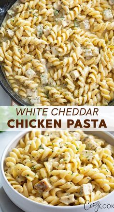 chicken pasta with white cheddar sauce in a skillet and then topped with parmesan cheese