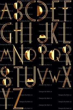 the alphabet is made up of gold letters and numbers, all in different shapes and sizes