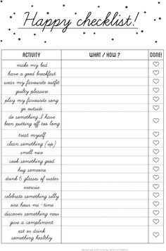 a printable happy checklist with hearts and stars on the top, in black and white