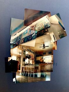 the reflection of a house is shown in an image with multiple pictures on it's walls