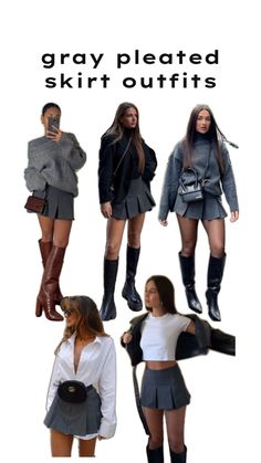 Grey Corduroy Skirt Outfit, Club Outfits Fall Night, Gray Skirt Outfit Fall, High Knee Brown Boots Outfit, Grey Blazer And Skirt Outfit, Cold Outfits Skirt, Gray Pleated Skirt Outfit Winter, Mini Skirt Outfit Pleated, Party Boots Outfit