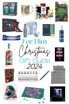 the christmas gift guide for him is shown in blue and green, with gifts on it