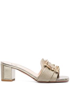 taupe calf leather metallic effect woven raffia design crystal buckle detail strap detailing slip-on style square open toe leather lining branded footbed 50mm block heel Elegant Formal Mules With Rectangular Buckle, Elegant Gold Mules With Buckle Closure, Beige Open Toe Slip-on Mules, Beige Slip-on Mules With Buckle Closure, Glamorous Mules With 4-inch Open Heel, Beige Buckle Closure Slip-on Mules, Luxury Buckle Closure Slip-on Mules, Line Branding, Woven Raffia